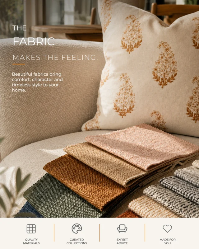 Every fabric has its own character, feel and personality. Discover the one that's perfect for your home.

✨ Visit our Hobart showroom.

#FeatherstonInteriors #InteriorDesign #FabricLove #CustomFurniture #HomeInspiration #Hobart #Tasmania #Interiors #HomeStyling
